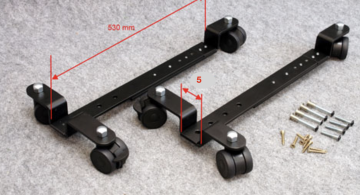 Taffijn Wielonderstel voor digitale piano's, zwart, dubbelhoekig, met 6 polyurethaan wielen, kogellager, breedte 42, hoogte 25 mm, verstelbaar 370 - 550 mm, met rem, geschikt voor parket